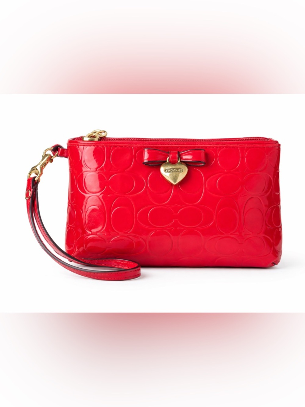 Coach Red Patent Wristlet – Signature Embossed w/ Bow & Heart Charm